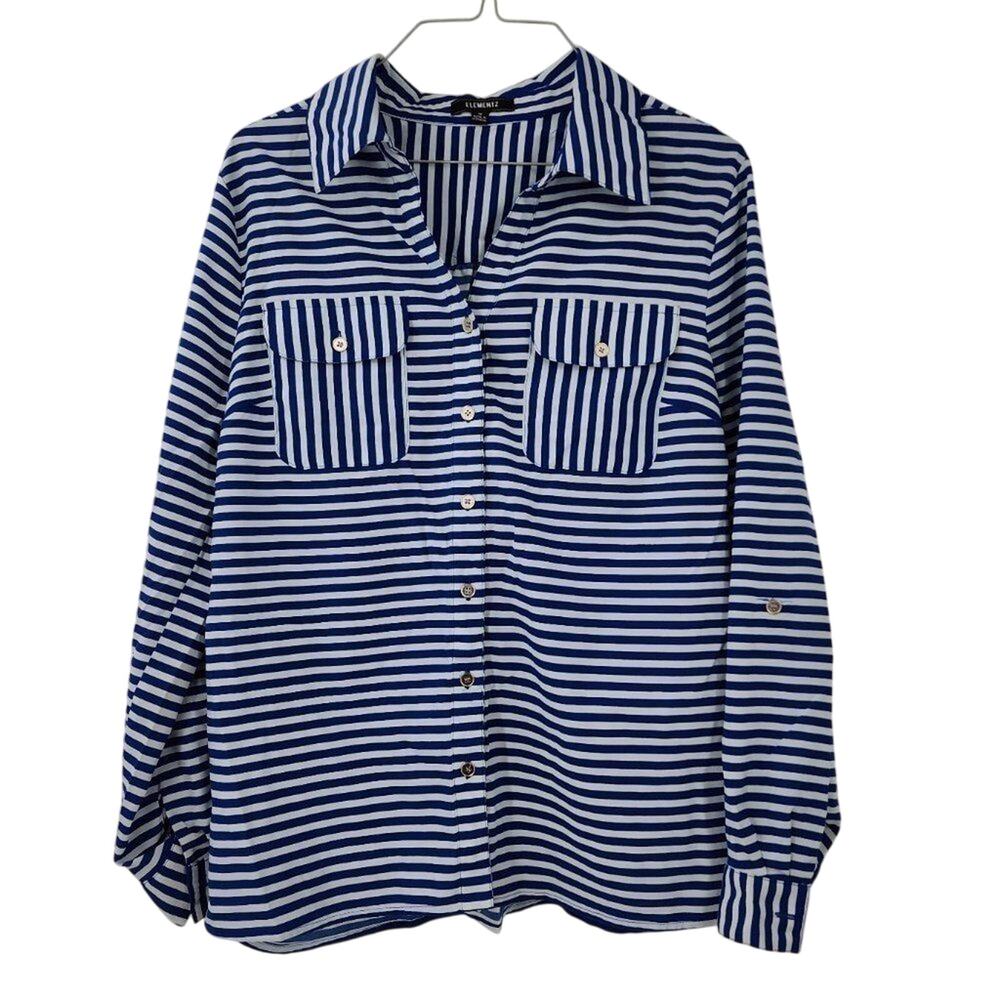 ELEMENTZ Blue and White Striped Button Down Shirt Womens Size Medium M Summer